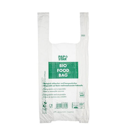 Den gennemsigtige PAPSTAR knudepose på rulle (47x22 cm, 150 stykker) fra PAPSTAR GmbH er lavet af biologisk nedbrydelig bio-folie og har et bånd med produktinformationer på flere sprog.