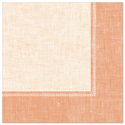 Quadratische Serviette PAPSTAR 50 Servietten "ROYAL Collection" der PAPSTAR GmbH, 40 x 40 cm, terracotta mit hellbeiger Mitte, rostorangefarbener breiter Bordüre und weißem Doppelstich am Rand für eine strukturierte Optik.