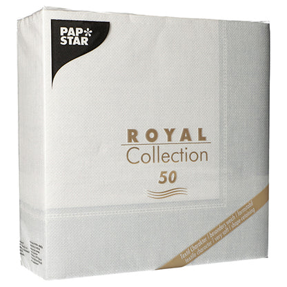 En 50-pakke PAPSTAR servietter "ROYAL Collection" 1/4-fold, 40 x 40 cm i hvid, fra PAPSTAR GmbH, med iøjnefaldende branding og kollektionsdetaljer på emballagen.