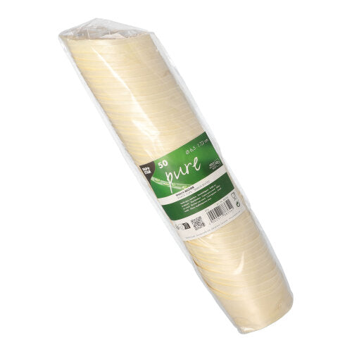 En pakke med 50 PAPSTAR træ „pure“ snackbægre (7,2 cm høje) fra PAPSTAR GmbH, pakket i gennemsigtig folie med grøn-hvid etiket – perfekt til miljøvenlig servering af snacks.