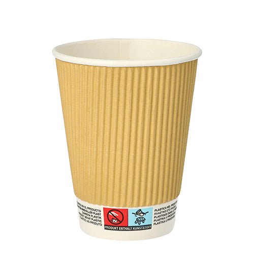En brun PAPSTAR drikkekop af pap (Ø 9 cm, 11 cm høj) med hvid inderside og ribbet Ripple Wall-design, mærket med tekst og No-Plastic-symboler nær bunden. Mærket er PAPSTAR GmbH; sættet indeholder 10 stykker; ensfarvet hvid baggrund.