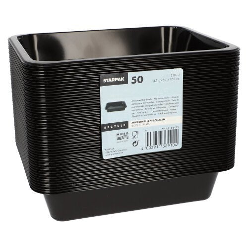 En stak Starpak 50 mikrobølgeovnsskåle, PP – sorte, firkantede beholdere med hvidt Starpak-etiket. Fremstillet af robust polypropylen, virker de robuste og genanvendelige.