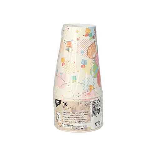 Ein Stapel von 10 PAPSTAR Pappe Trinkbechern (0,2 L, Ø7 cm · 9,7 cm) der PAPSTAR GmbH mit Ballon- und Drachendesign, in Folie verpackt mit Produktinformationen und Recyclingsymbolen – ideal für Partys.