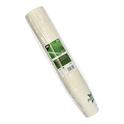 En pakke med 50 hvide PAPSTAR Pure Joy papbægre (Ø 8 cm, 10,8 cm høj) fra PAPSTAR GmbH, pakket i klar plastik med en grøn-hvid etiket med produktinformation og branding.