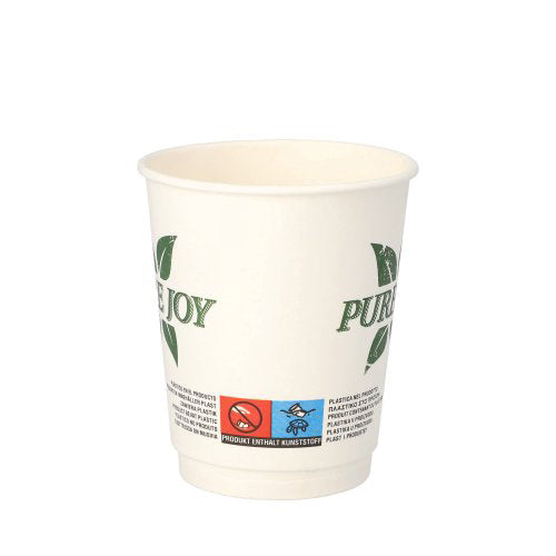 Den PAPSTAR dobbeltvæggede drikkekop (8 cm, hvid, "Ren Glæde") fra PAPSTAR GmbH har et grønt bladmotiv, øko-symboler i bundområdet og tilbyder et miljøvenligt valg i en pakke med 20.