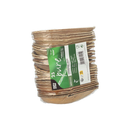 En stabel på 25 PAPSTAR fingerfood-skeer af palmeblad, 12 cm "Asia"-design, i krympefolie med en grøn-hvid etiket, der angiver størrelsen, mængden, de miljøvenlige symboler og bemærkningen om, at de er biologisk nedbrydelige. Mærke: PAPSTAR GmbH.