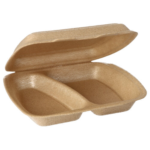 Die Starpak 50 Menüboxen mit Klappdeckel aus XPP (7 x 20,5 x 24 cm, beige) besitzen zwei separate Fächer und sind offen gezeigt, ideal für den sicheren Speisentransport und zur Präsentation der Innenaufteilung.
