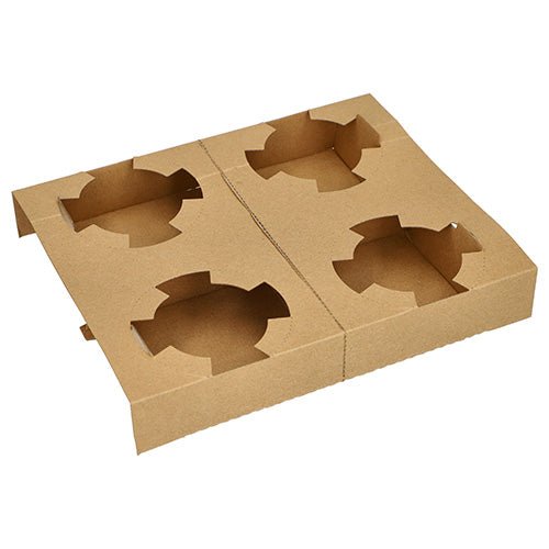 Det PAPSTAR bærebakke "pure" brun er en flad, umonteret bærebakke til 4 suppeskåle (3,6x19,8x24,1 cm), miljøvenlig og leveret i pakker med 25 af PAPSTAR GmbH; her udlagt på hvid baggrund.
