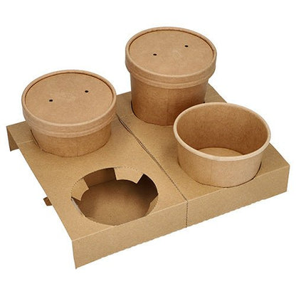 Det PAPSTAR bærebakke "pure" brun til 4 suppeskåle (3,6x19,8x24,1 cm) rummer tre madbeholdere af papir med låg; en åbning forbliver fri. Den miljøvenlige bakke fra PAPSTAR GmbH er enkel og utrykt. Pakke: 25 stk.