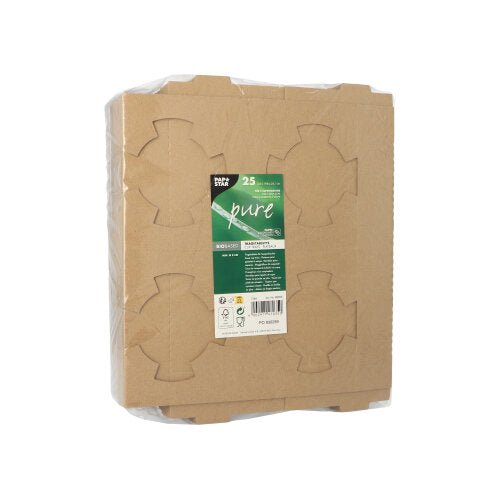 En stabel PAPSTAR bærebakker "pure" brun til 4 suppeskåle (25 stk.), pap, folieindpakket, med grøn-hvid etiket og produktinformation fra PAPSTAR GmbH, 3,6x19,8x24,1 cm.