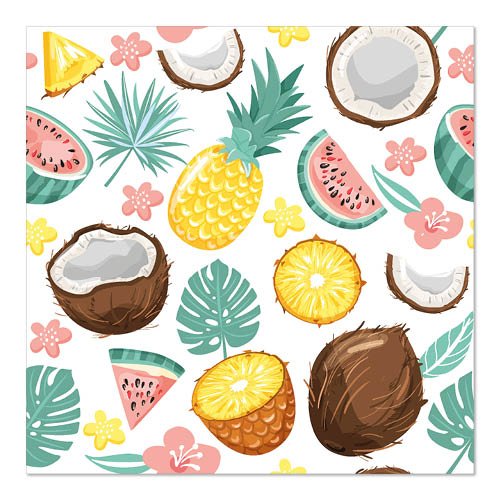 Et sømløst mønster af ananas, kokosnødder, vandmelonstykker, tropiske blade og blomster på hvid - ideelt til PAPSTAR 20 servietter, 33 cm x 33 cm 3-lags 1/4-fals design sæt 5 fra PAPSTAR GmbH.