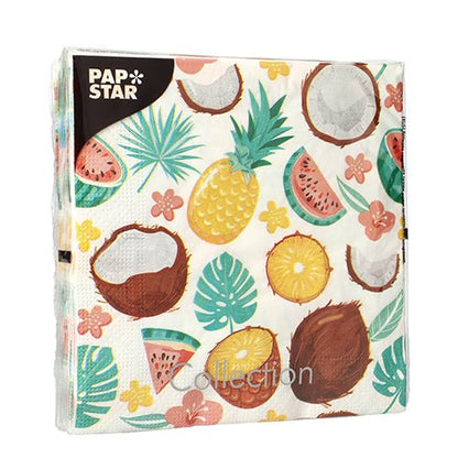 PAPSTAR GmbH 20 servietter, 33x33 cm, 3-lags, design sæt 5: Farverige tropiske motiver med ananas, kokosnødder, vandmelon, blomster og grønne blade på hvid baggrund.