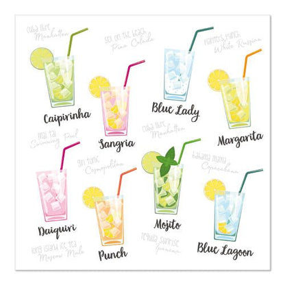 Illustration af ni navngivne cocktails i glas med garniture og sugerør, sat mod PAPSTAR GmbH 20 servietter, 33 cm x 33 cm, 3-lags 1/4-fals design sæt 5 - perfekt til stilfulde cocktailfester.