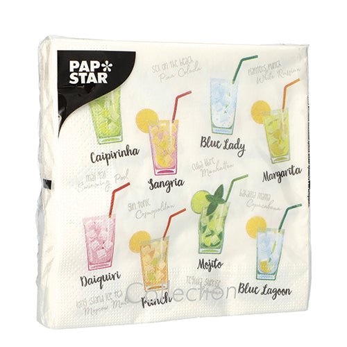 Designsæt 5 af PAPSTAR GmbH viser farverige cocktail-illustrationer, der er mærket med navne som Caipirinha, Mojito, Margarita og mere.
