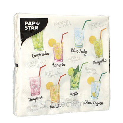 Designsæt 5 af PAPSTAR GmbH viser farverige cocktail-illustrationer, der er mærket med navne som Caipirinha, Mojito, Margarita og mere.