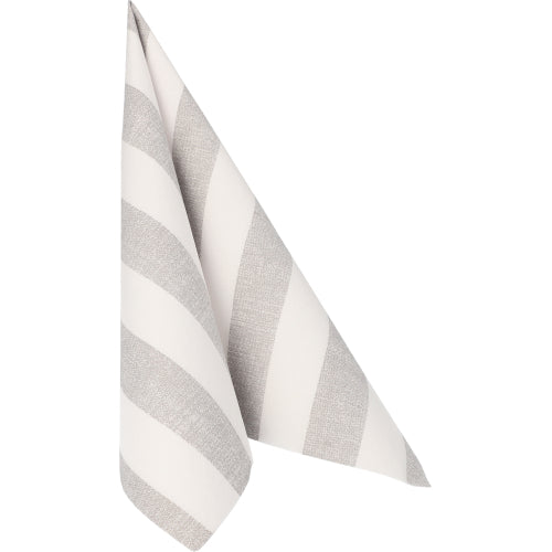 Eine grau-weiß gestreifte Stoffserviette hängt vor einem weißen Hintergrund, ähnlich wie PAPSTAR GmbH 50 Servietten "ROYAL Collection" 1/4-Falz 40 x 40 cm grau.