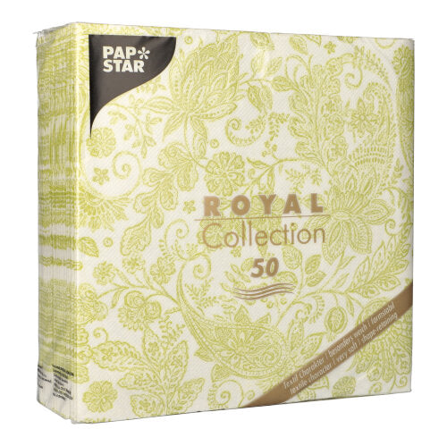 Eine Packung PAPSTAR 50 Servietten "ROYAL Collection", 1/4-Falz, 40 x 40 cm, grün von PAPSTAR GmbH-ideal für festliche Anlässe. Enthält 50 grüne Servietten in Premium-Qualität.