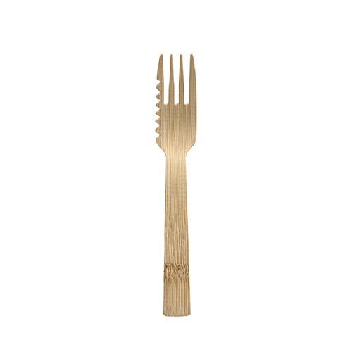 Die PAPSTAR GmbH kage- og snackgafler af bambus (14,5 cm, savtakket, 50 stykker) har tre gafler og en savtakket kant - et miljøvenligt engangsbestik, afbildet på en enkel hvid baggrund.