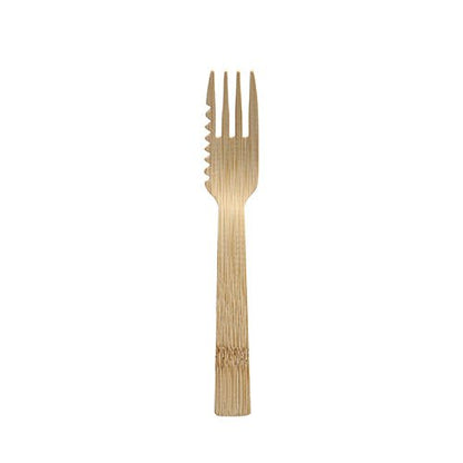 Die PAPSTAR GmbH kage- og snackgafler af bambus (14,5 cm, savtakket, 50 stykker) har tre gafler og en savtakket kant - et miljøvenligt engangsbestik, afbildet på en enkel hvid baggrund.