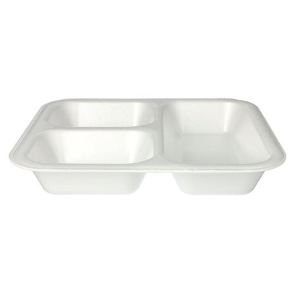 Die Starpak 50 Siegelschalen sind weiße, laminierte XPS-Schalen (4,2 x 24,5 x 26,5 cm) mit drei Fächern – rechteckig und zum Einmalgebrauch, ideal für Gastronomie- oder Lebensmittelverpackungsanforderungen.