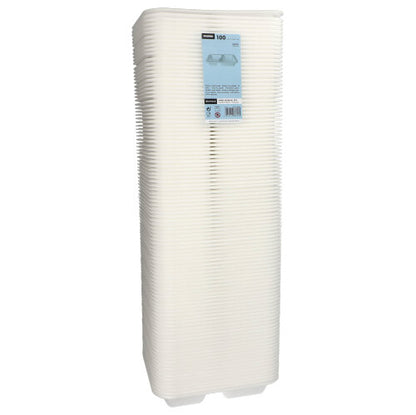 En stak af 100 hvid laminerede XPS-2-rums skåle fra Starpak, kaldet "Starpak 100 forsegling skåle", leveres indpakket i plastfolie og forsynet med en blå etiket – perfekt som mademballage.