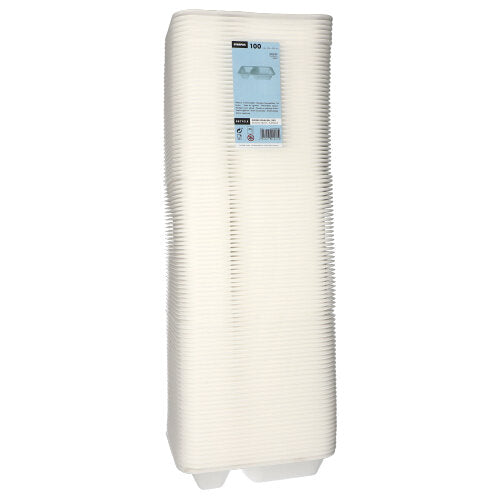 En stak af 100 Starpak madskåle lavet af hvidt, lamineret XPS med to rum, forhøjede kanter, rektangulær form og en blå etiket på toppen. Mærke: Starpak.