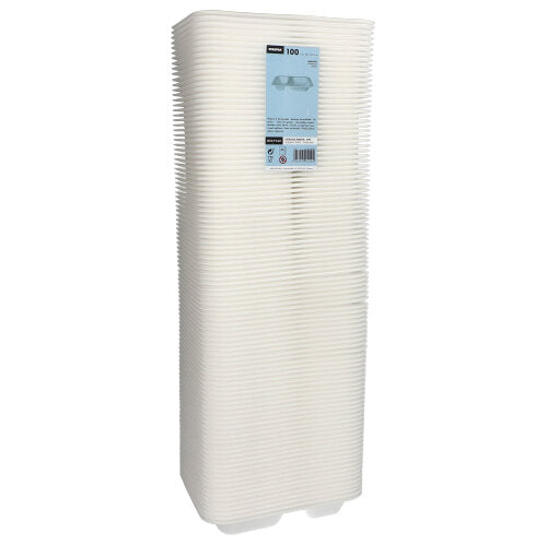 En høj stak af 100 Starpak forsegling skåle, XPS 2-delt, hvid lamineret, med en etiket på forsiden. De hvide, rektangulære mademballager fra Starpak er pænt justeret og pakket sammen.