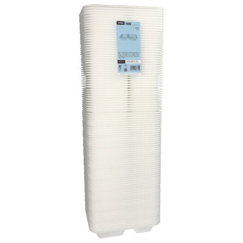 Afbildet er en høj stak hvide, rektangulære plastmadbeholdere fra Starpak med teksten "Starpak 100 forsegling skåle, XPS 2-delt hvid lamineret".