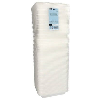 En lodret stak af Starpak 100 forsegling skåle XPS 2-delt hvid lamineret, lavet af letvægts skum, med et produktmærkat på den øverste skål.