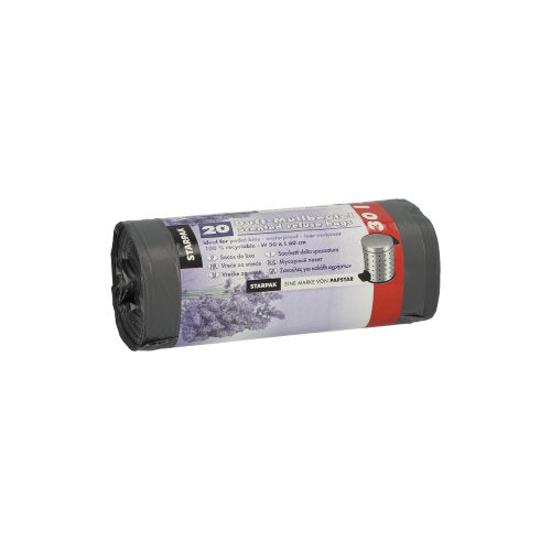 En rulle Starpak 20 affaldsposer af LDPE, grå med lavendelduft (30 l, 60x50 cm), indeholder 20 duftposer pr. pakke. Etiketten viser produktdetaljer samt et lavendelbillede.