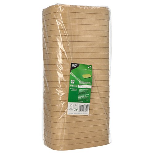 En stabel brune PAPSTAR låg til emballagebægre, rektangulært (2x17,3x12,3 cm, 25 stykker), pakket i klar folie, med en grøn-hvid etiket fra PAPSTAR GmbH med produktinformationer på forsiden.