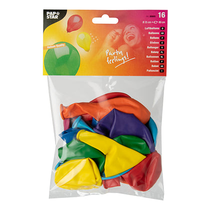 En gennemsigtig plastikpose fra PAPSTAR GmbH indeholder 16 farvesorterede balloner (Ø 25 cm) til fester. Emballagen viser "Pap Star"-logoet, et foto af smilende mennesker, teksten "Party feelings!" og ballonmængden.
