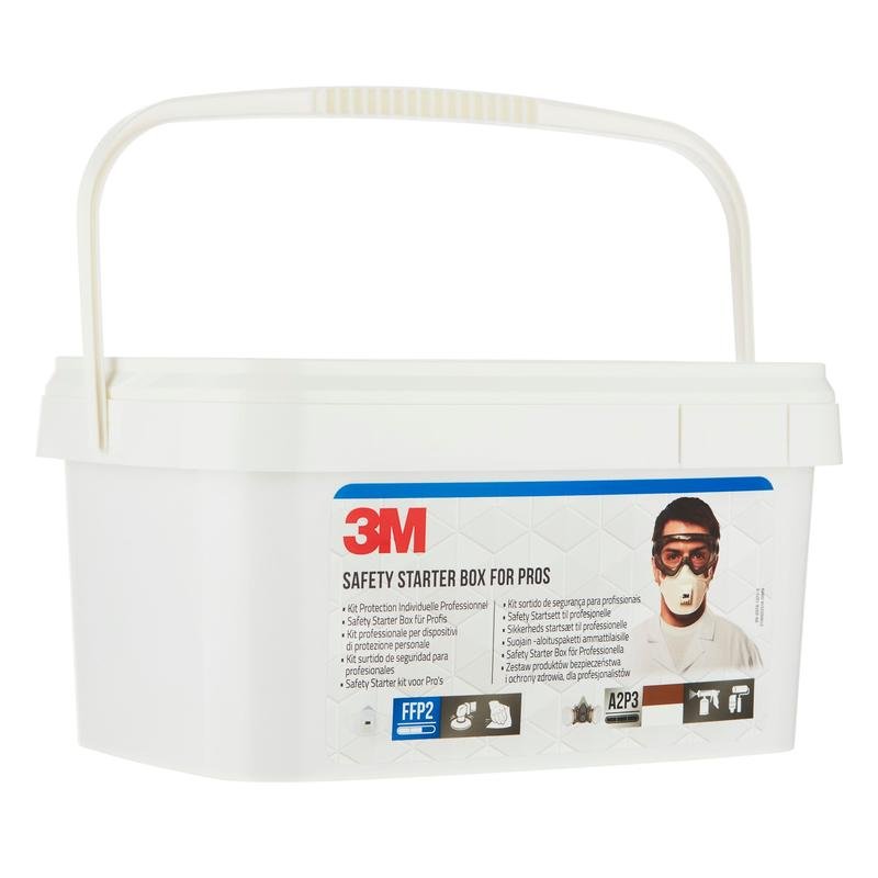 En hvid plastkasse med håndtag, mærket med "3M™ Arbejdssikkerheds-Startboks til professionelle 1000MCWE" fra 3M Deutschland GmbH. Etiketten viser en professionel i beskyttelsestøj og ikoner for åndedrætsværn, øjen- og høreværn (1 sæt/pakke).