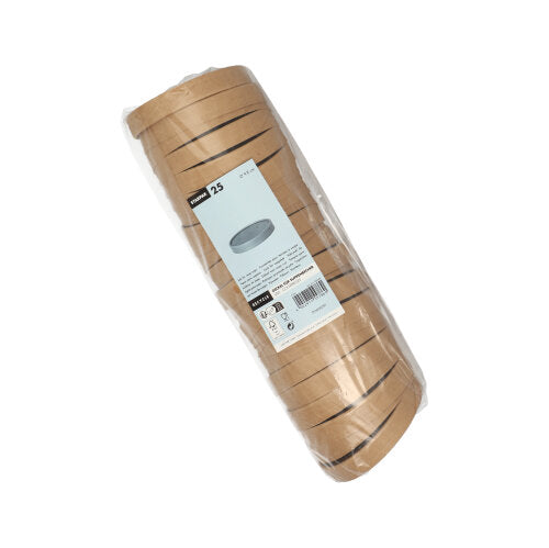 En stak af 25 runde Starpak-låg til suppeskåle af pap, indpakket i plastikfolie og forsynet med en etiket, der angiver mængde og anvendelse, præsenteres foran en hvid baggrund - ideel til kombination med Starpak suppeskål-skåle.