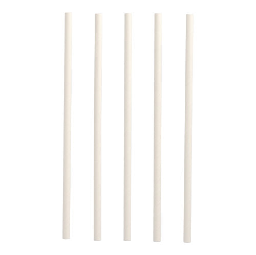 Fem PAPSTAR Shake-sugerør af papir (Ø 8 mm, 25 cm) fra PAPSTAR GmbH er arrangeret vertikalt på hvid baggrund og tilbyder et bæredygtigt alternativ til traditionelle sugerør.