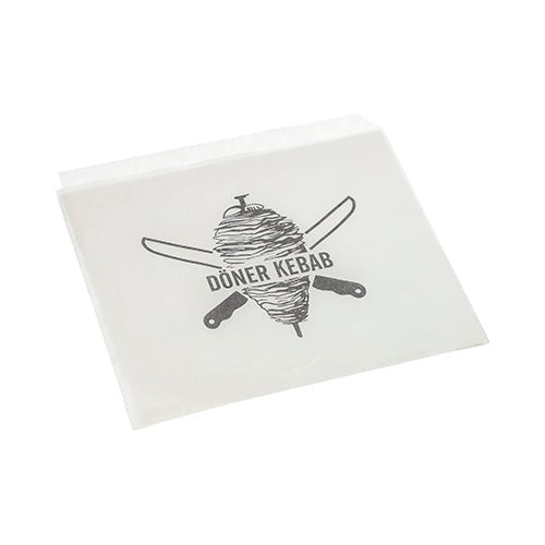De PAPSTAR Döner-kebab-poser 16x16 cm (hvid, krympefolie, 1000 stykker) fra PAPSTAR GmbH har et döner-spyd med krydsede knive og "DÖNER KEBAB" - den ideelle emballageløsning til snackbarer.