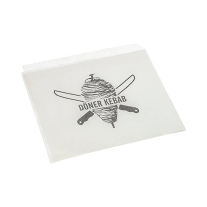 De PAPSTAR Döner-kebab-poser 16x16 cm (hvid, krympefolie, 1000 stykker) fra PAPSTAR GmbH har et döner-spyd med krydsede knive og "DÖNER KEBAB" - den ideelle emballageløsning til snackbarer.