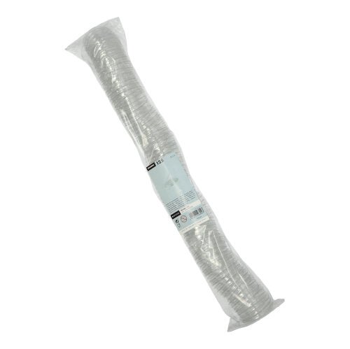 En pakke med 125 gennemsigtige Starpak-PET-låg til dressingkop, rund, Ø 5,9 cm × 0,7 cm, tæt stablet i en cylindrisk form med et produktmærkat på emballagen.