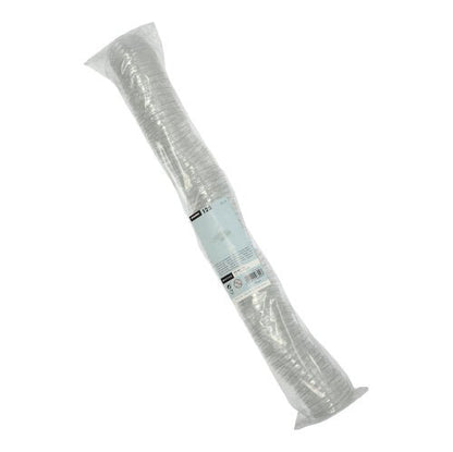 En pakke med 125 gennemsigtige Starpak-PET-låg til dressingkop, rund, Ø 5,9 cm × 0,7 cm, tæt stablet i en cylindrisk form med et produktmærkat på emballagen.
