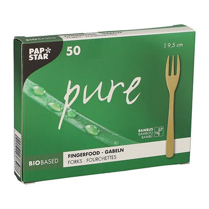 En grøn boks med 50 fingerfood-gafler af bambus "pure" fra PAPSTAR GmbH, hver 9,5 cm, med miljøvenlige bambusgafler og et dugdækket bladmotiv. Ideel til bæredygtige events og bevidst servering.
