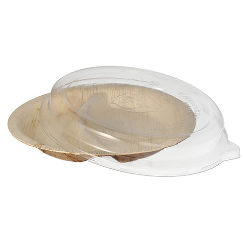 Starpak kombipakken indeholder 10 tallerkener af palmeblad, 2-delt, 300 ml, Ø 23 cm · 5,3 cm med klart rPET-låg – praktisk og bæredygtig til madpræsentation eller -emballage.