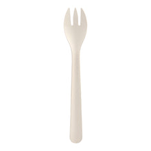 Eine einzelne schlichte weiße PAPSTAR Papiergabel „pure“ (18,2 cm), aus einer 50er-Packung der PAPSTAR GmbH, ist auf weißem Hintergrund fotografiert.