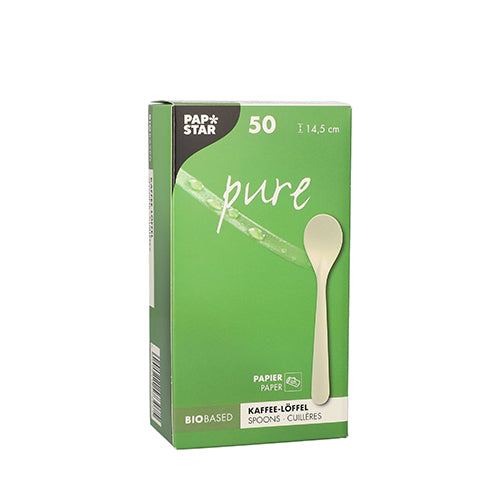 Eine weiße Schachtel mit der Aufschrift „PAPSTAR pure“ enthält 50 nachhaltige Kaffeelöffel aus Papier mit einer Länge von jeweils 14,5 cm. Die Faltschachtel der PAPSTAR GmbH bietet eine umweltfreundliche Alternative für Ihren Kaffeegenuss.