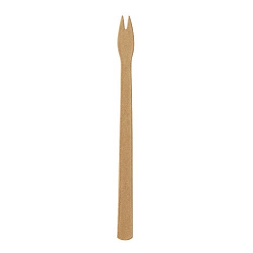En enkelt PAPSTAR 250 pommes frites gaffel, papir „pure“ brun fra PAPSTAR GmbH, med to korte tænder, præsenteret foran en enkel hvid baggrund.