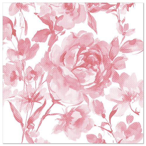 De 20 servietter "ROYAL Collection" (1/4-fold, 40 x 40 cm) af PAPSTAR GmbH tilbyder med deres tætte, lyserøde akvarel-rose og bladmønster på hvid en høj kvalitet tissue - ideel til det elegant dækkede bord.