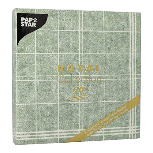 De PAPSTAR 20 servietter "ROYAL Collection" (1/4-fold, 40x40 cm) fra PAPSTAR GmbH har et grønt ternmønster med gylden skrift, indeholder 20 kvadratiske servietter pr. plastikpakke - ideel til borddekoration.
