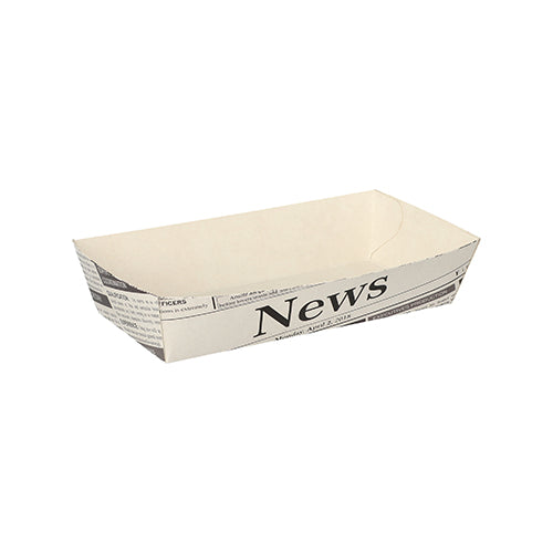 Die 50 Pommes-Frites-Schalen weiss "Newsprint" der PAPSTAR GmbH haben eine rechteckige Form mit Zeitungsdruck-Design und "News" auf einer Seite, ideal für Grillpartys.