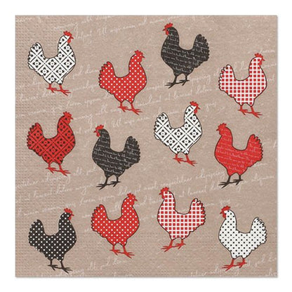 PAPSTAR 20 servietter fra PAPSTAR GmbH (33 x 33 cm, 3-lags, Design Sæt 5) viser et geometrisk og prikket hønsemønster i sort, hvid og rød på en lysebrun baggrund med svag skrift.