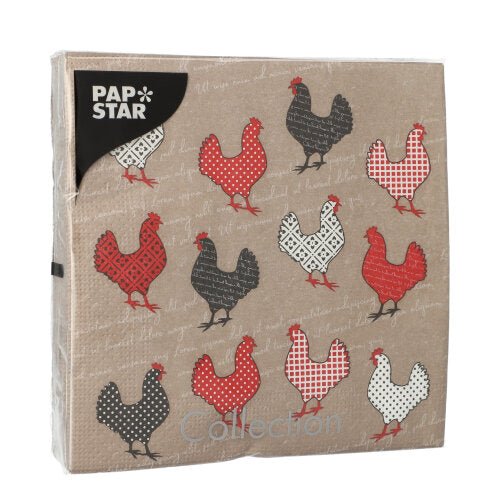 PAPSTAR GmbH 20 servietter, 33x33cm, 3-lags, Design Sæt 5: Servietter med røde, sorte og hvide høns i geometriske mønstre på brun baggrund.