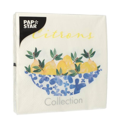En pakke PAPSTAR GmbH 20 servietter (33 x 33 cm, 3-lags, 1/4-fold, Design Sæt 5), der viser citroner med grønne blade i en blå-hvid mønstret skål. På emballagen står der "Zitronen" og "Kollektion".